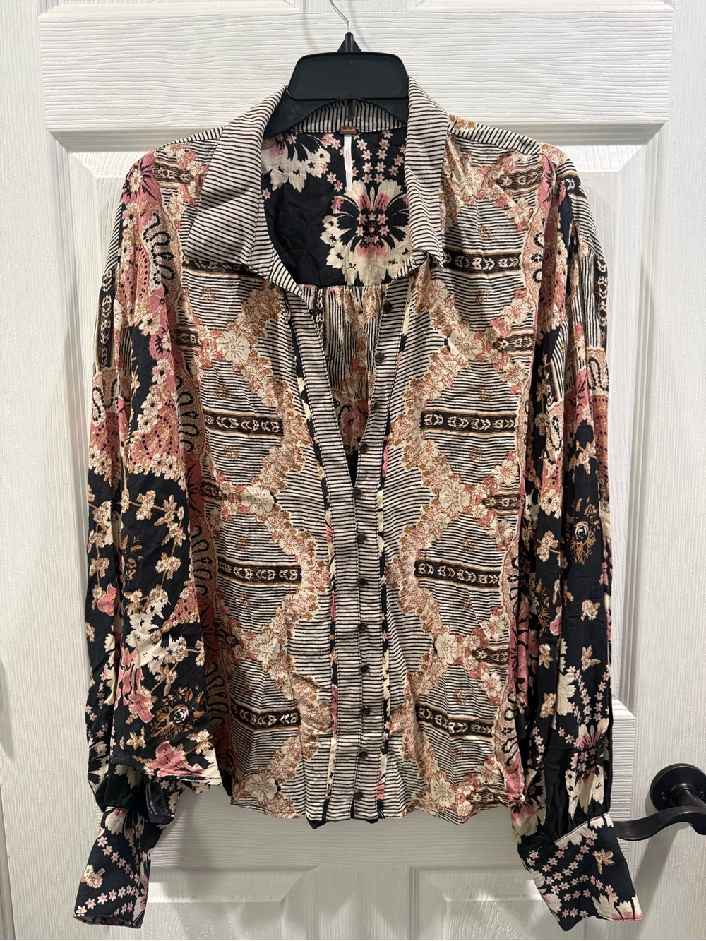 Free People Black Floral Patchwork Button-Up Blouse with Pink & Cream Accents